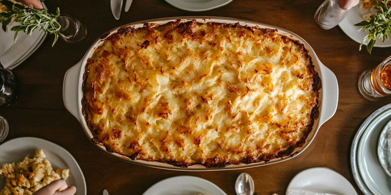 A creamy hashbrown casserole with visible chunks of potatoes, cheese, and sprinkled herbs.