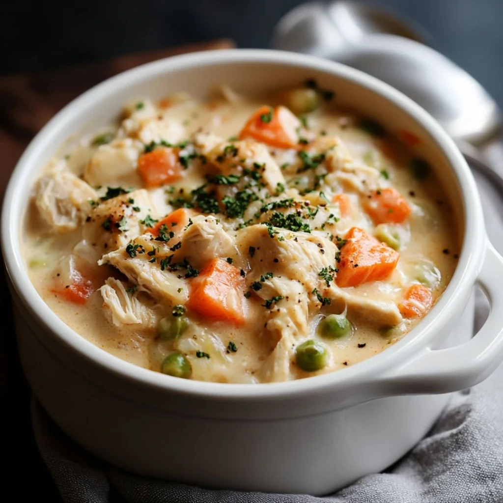 Easy Creamy Chicken Casserole Recipe Everyone Will Love Creamy chicken casserole in a white ceramic bowl, filled with tender shredded chicken, carrots, peas, and a rich cream sauce, garnished with chopped herbs – comforting homemade dinner dish