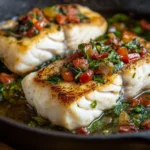 Pan-seared halibut fillets topped with a rustic tomato and herb relish in a cast iron skillet.