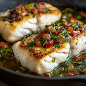 Pan-seared halibut fillets topped with a rustic tomato and herb relish in a cast iron skillet.