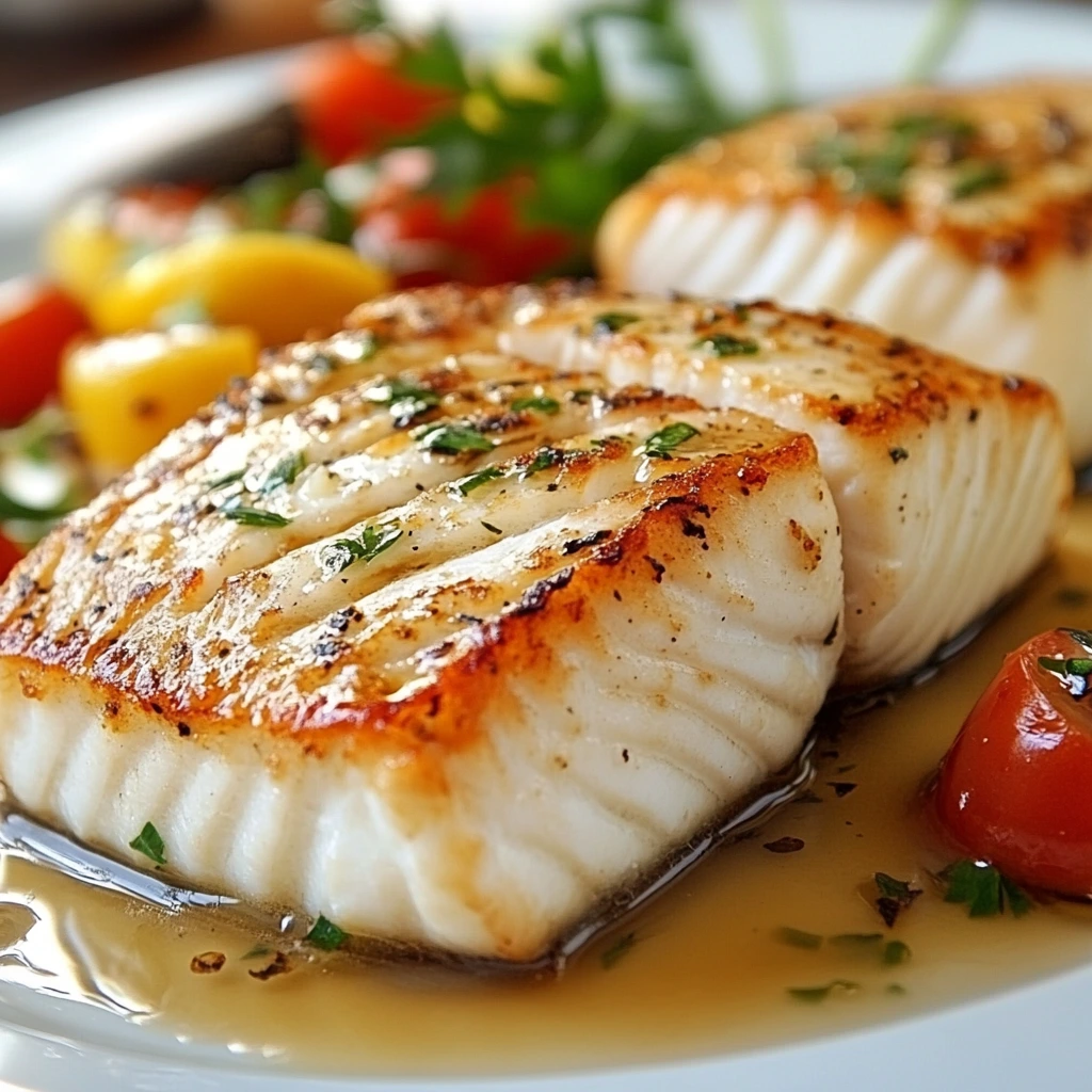 Halibut Recipe – Grilled halibut fillets served with cherry tomatoes and herbs in a light butter sauce.