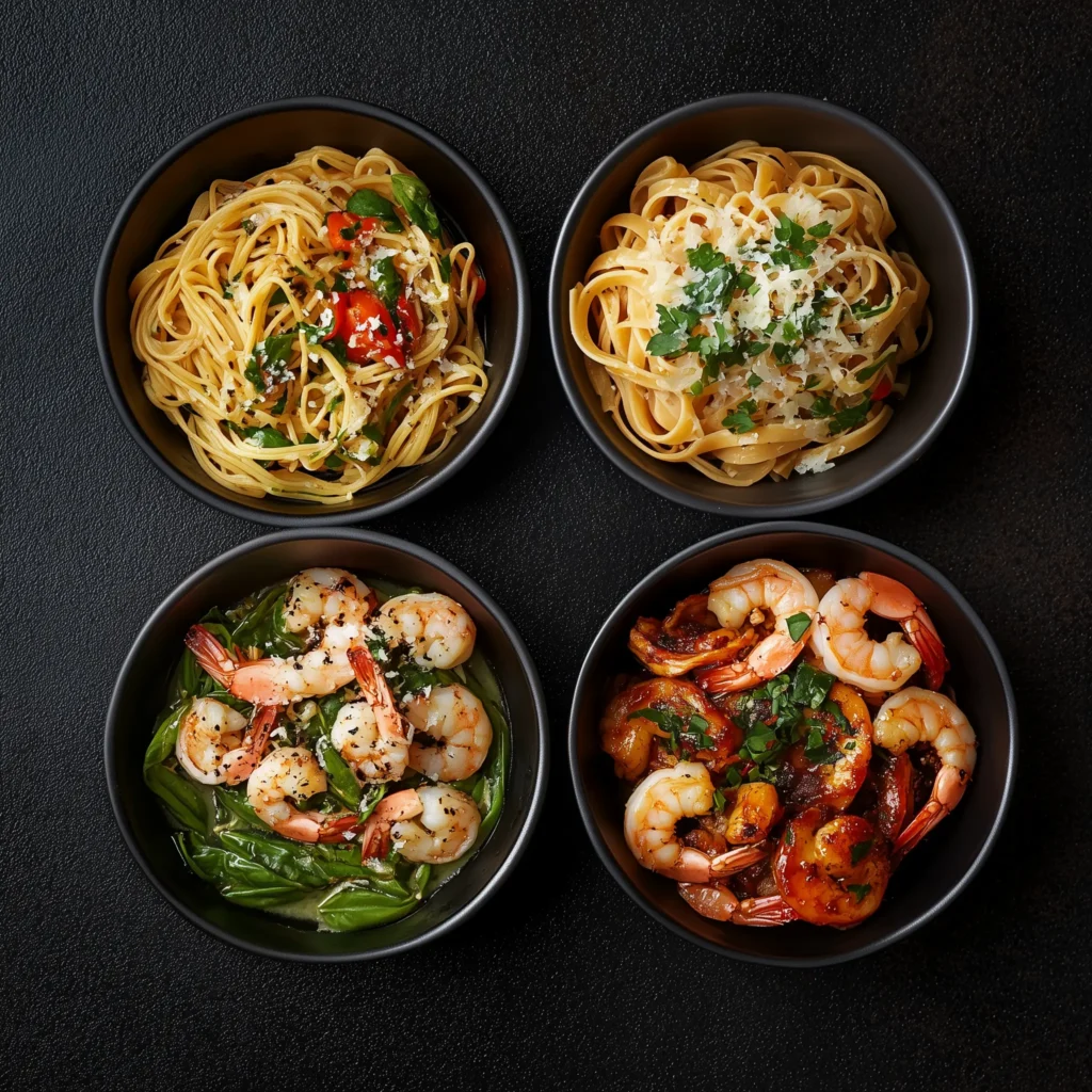 Four black bowls with different pasta and shrimp dishes on a dark textured background.