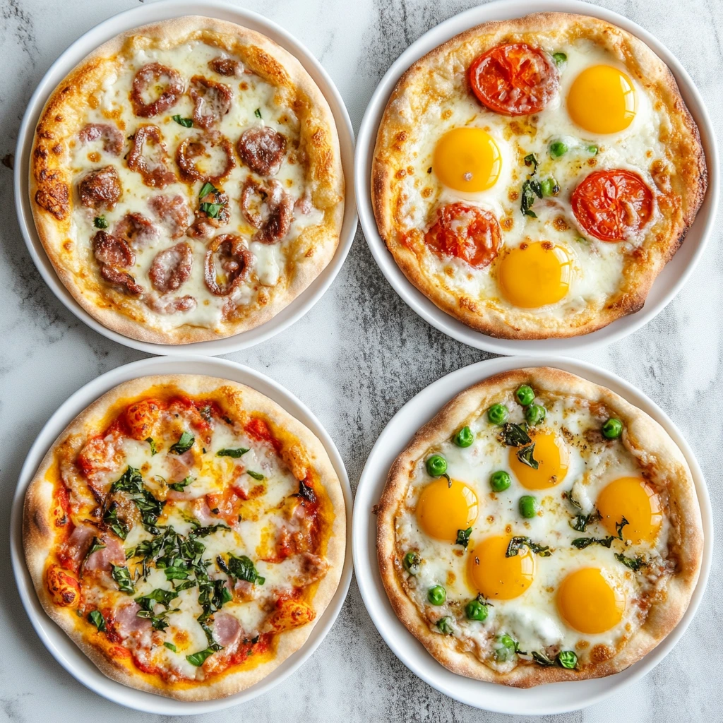 Four breakfast pizza recipe on white plates, each with different toppings including sausage, eggs, tomatoes, ham, green peas, and cheese.