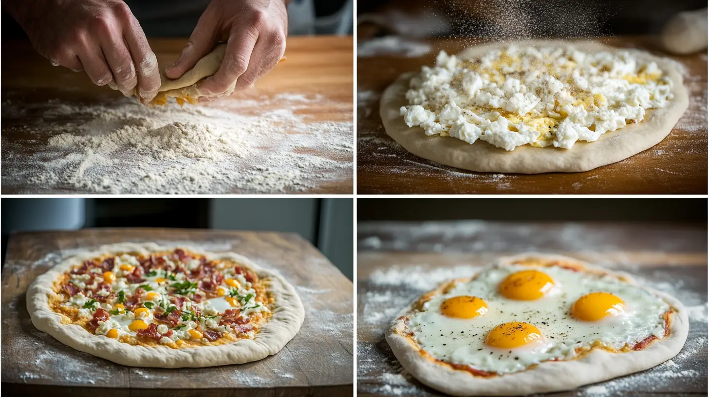 A step-by-step collage showing the process of making homemade breakfast pizza, from kneading the dough to adding cheese, toppings, and baking until golden brown with perfectly cooked eggs