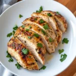 Juicy, tender Instant Pot chicken breast sliced on a wooden cutting board, garnished with fresh herbs