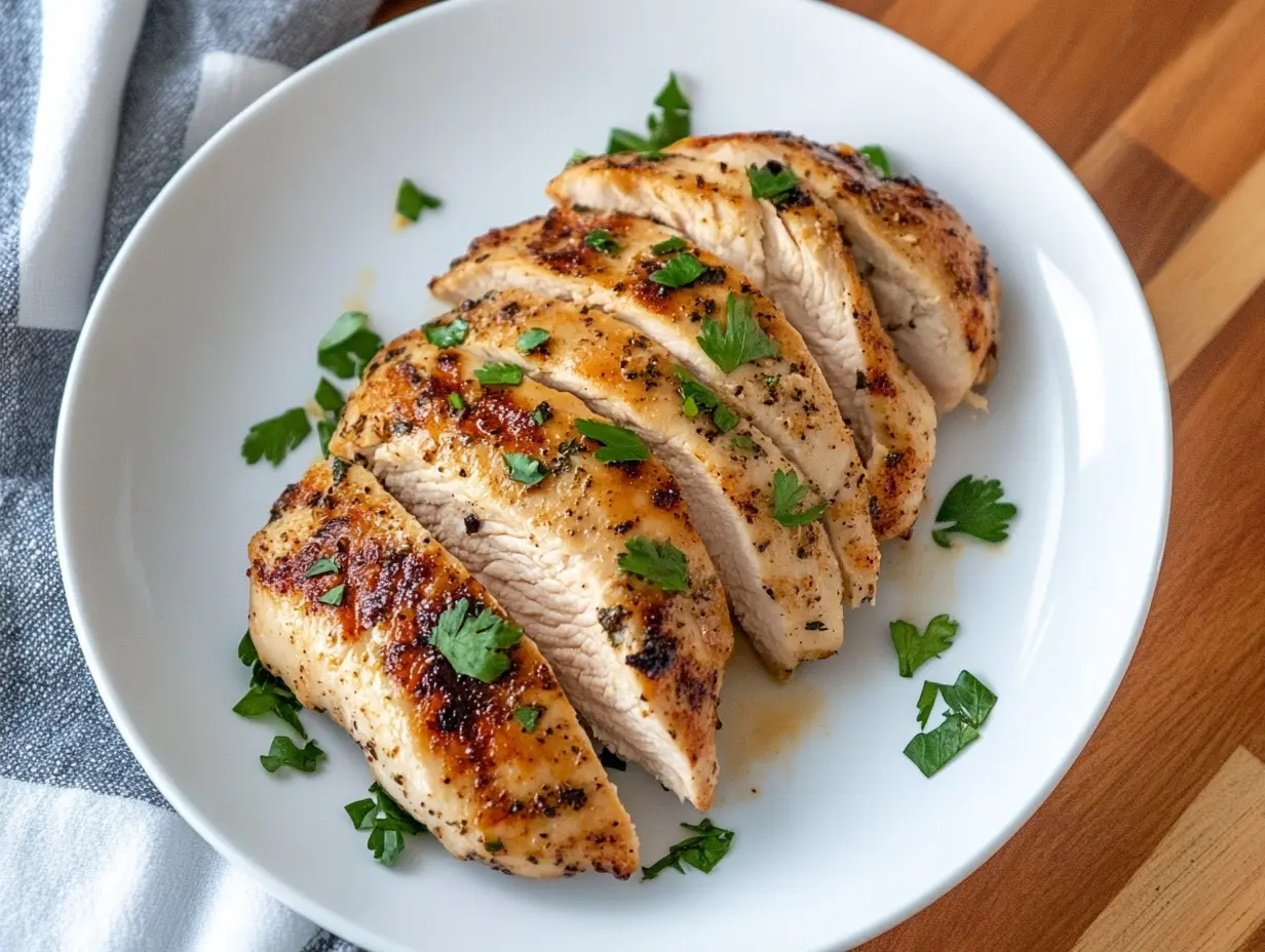 Juicy, tender Instant Pot chicken breast sliced on a wooden cutting board, garnished with fresh herbs