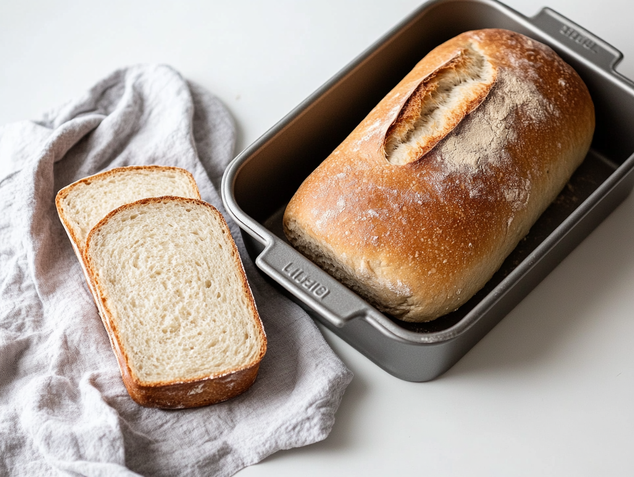 A freshly baked loaf of bread with a golden crust in a metal loaf pan