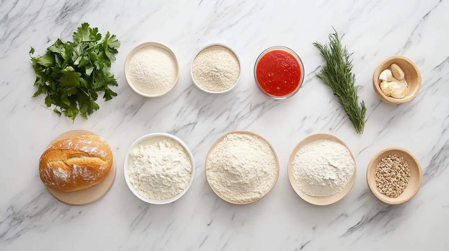 An overhead view of various bread-making ingredients on a marble countertop, including fresh herbs, flour, a rustic loaf of bread, tomato sauce, and garlic cloves in small bowls