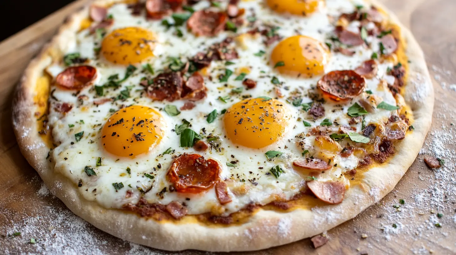 A freshly baked homemade breakfast pizza topped with eggs, crispy pepperoni, and fresh basil, resting on a floured wooden surface, showcasing its rustic and artisanal appeal.