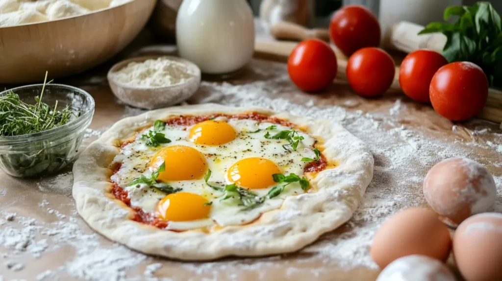 A rustic breakfast pizza with vibrant ingredients, including eggs, tomato sauce, and fresh herbs, surrounded by cooking essentials like flour, eggs, and fresh tomatoes on a wooden countertop.