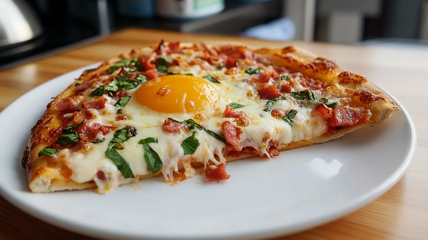 A close-up of a single slice of breakfast pizza on a white plate, featuring a runny egg yolk, melted cheese, crispy bacon, and fresh basil, highlighting its delicious texture and flavors.