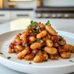 A plate of homemade vegan baked beans garnished with fresh parsley, served on a white dish in a modern kitchen.