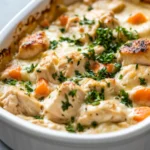 Creamy chicken casserole with carrots and fresh parsley in a white baking dish.