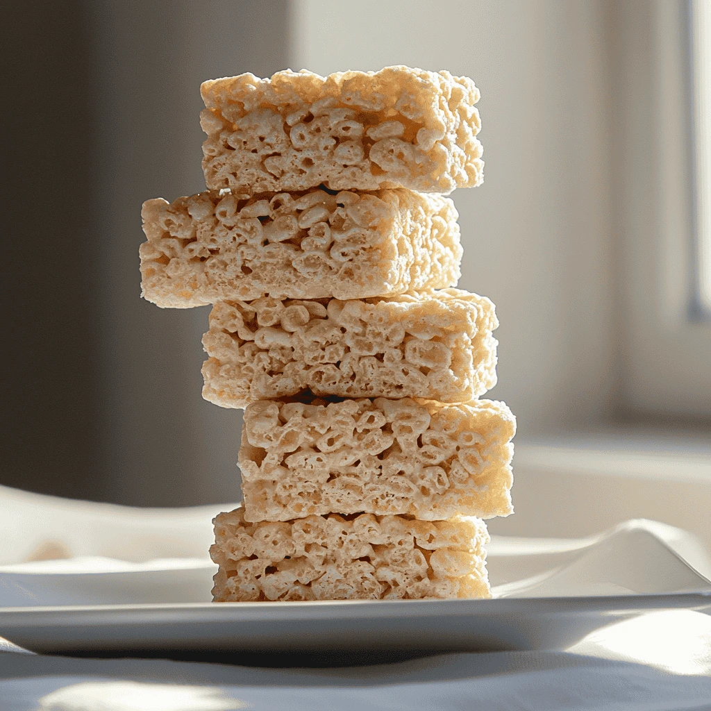 Stack of homemade Rice Krispie treats on a white plate in natural light