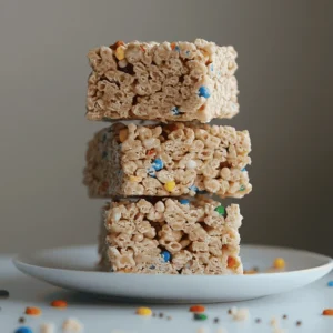 Funfetti Rice Krispie treats stacked on a white plate with colorful candy pieces