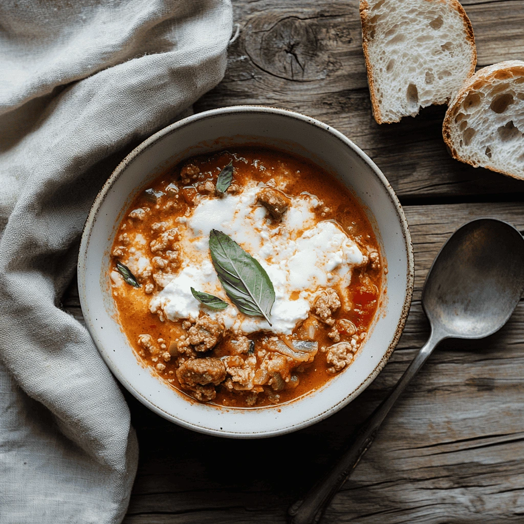 sausage lasagna soup in rustic bowl