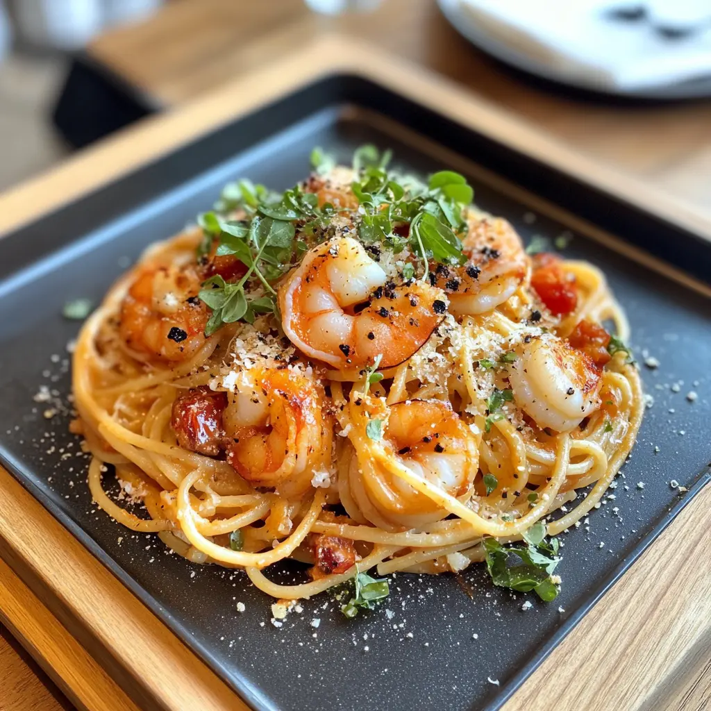 Spicy shrimp pasta with tomato sauce, fresh herbs, and grated cheese on a black plate.