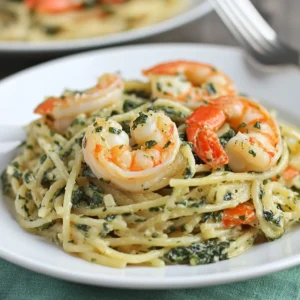 Creamy shrimp pasta with spinach served on a white plate.