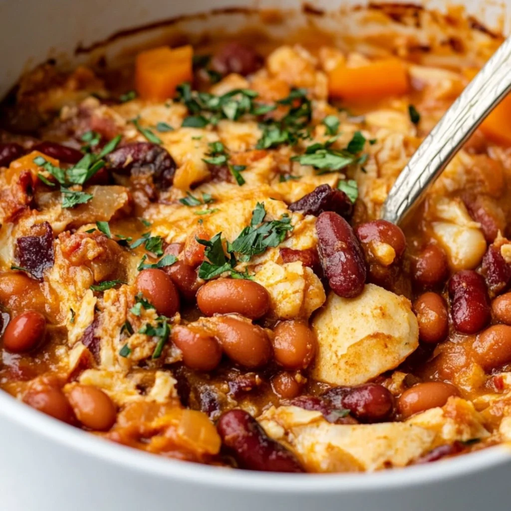 Vegan baked beans with kidney and pinto beans in tomato sauce, garnished with parsley – easy plant-based comfort food recipe