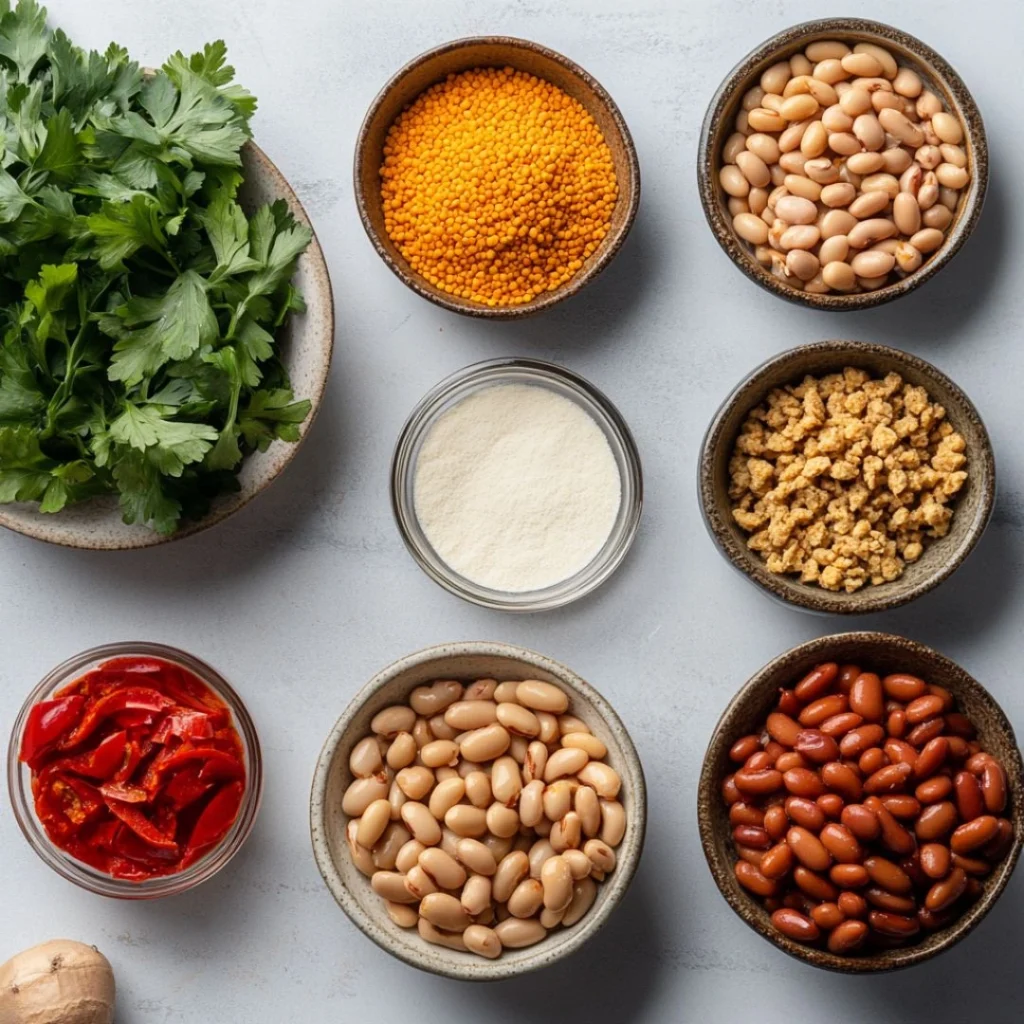Flat lay of vegan baked beans ingredients including kidney beans, navy beans, sun-dried tomatoes, mustard powder, garlic powder, parsley, and soy crumbles, plant-based meal prep concept