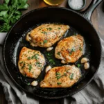 Garlic butter chicken in skillet with herbs