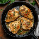 Garlic butter chicken in skillet with herbs