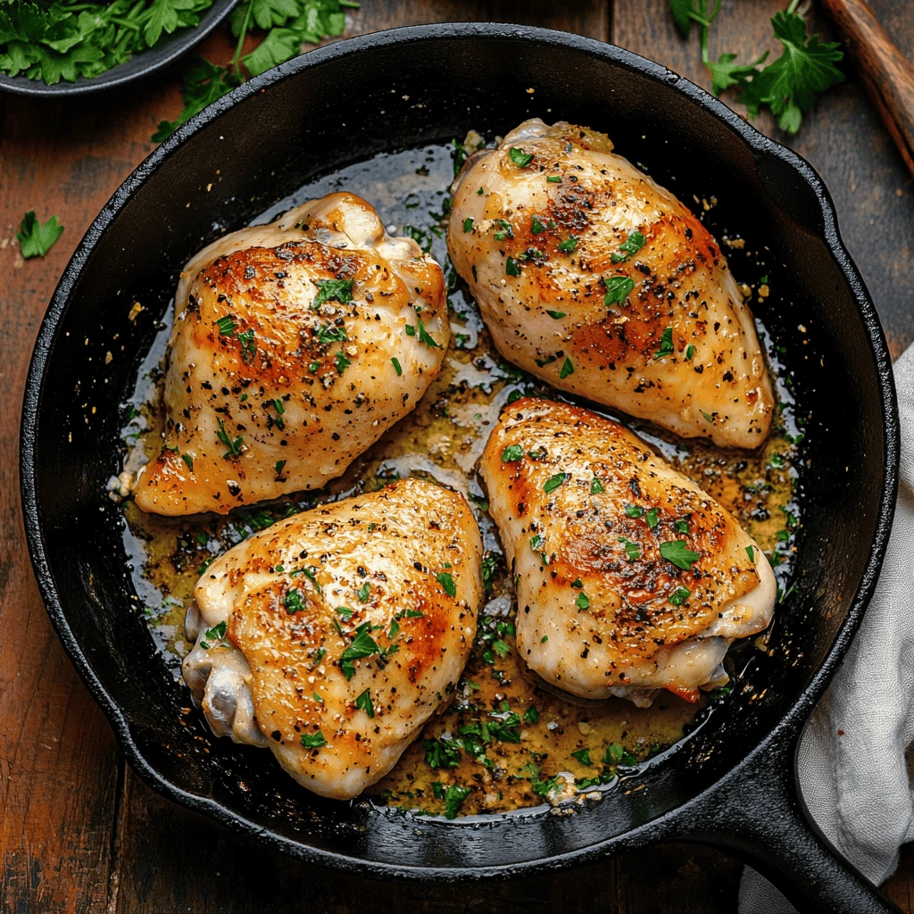 Garlic butter chicken in skillet with herbs