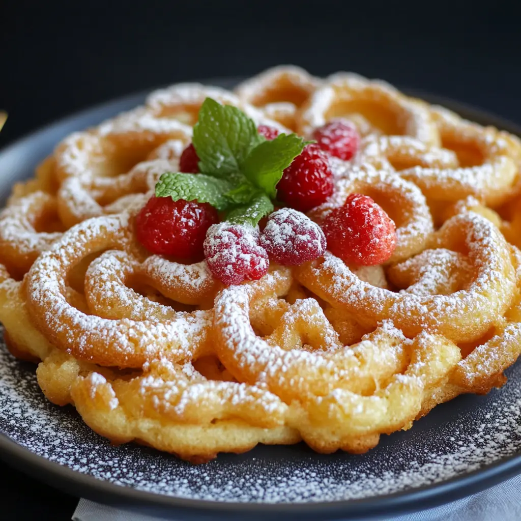 Golden funnel cake dusted with powdered sugar, topped with fresh raspberries and mint leaves.