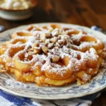 Golden funnel cake topped with chopped nuts and a generous dusting of powdered sugar on a decorative plate.