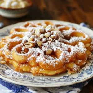 Golden funnel cake topped with chopped nuts and a generous dusting of powdered sugar on a decorative plate.