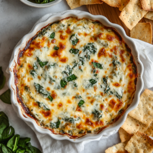 Golden-baked spinach dip topped with melted cheese in a white dish, served with crackers.