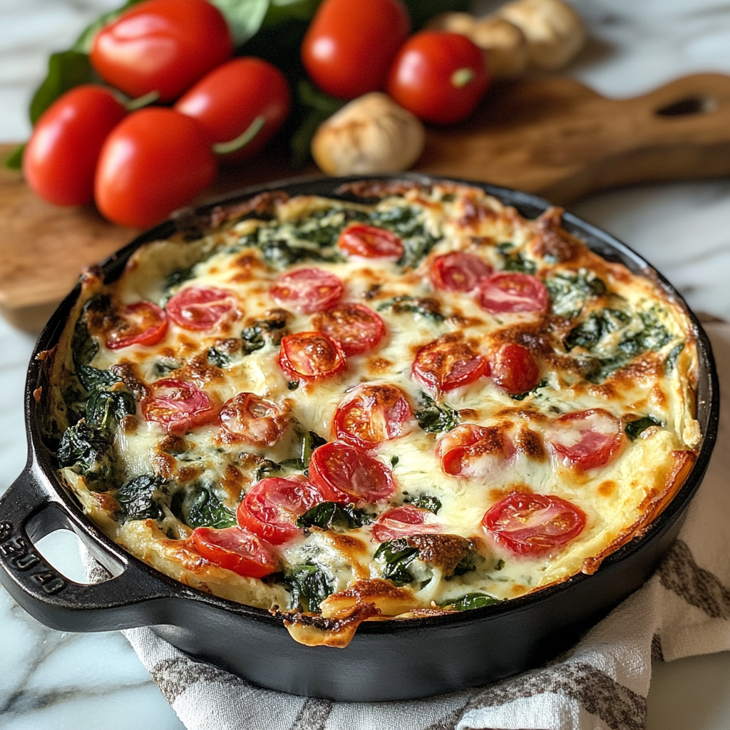 Cheesy spinach and tomato dip baked in a black skillet with fresh tomatoes in the background.